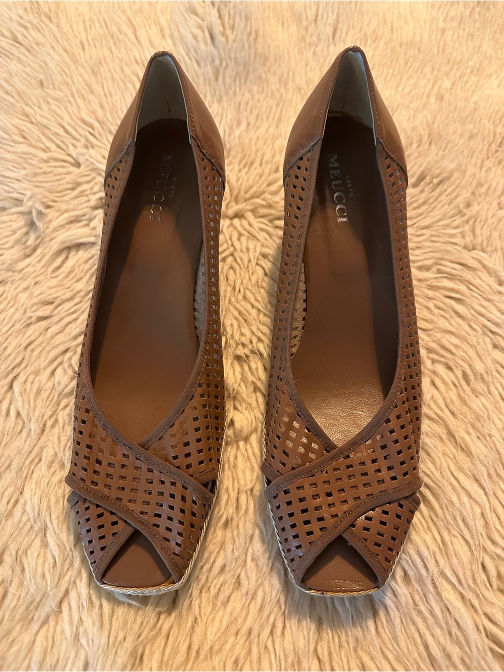 Sesto Meucci Brown Perforated Peep-Toe Heels